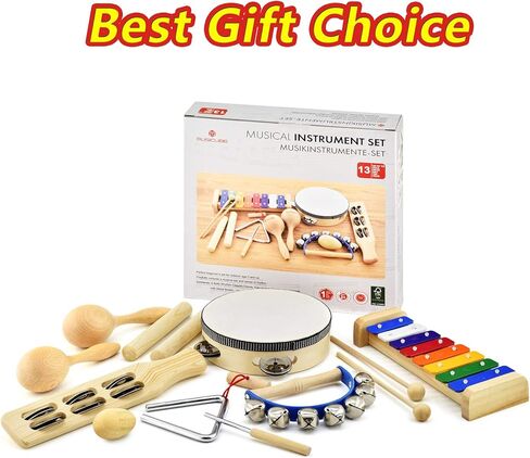 Musical Instrument Set for Toddler Baby Kid Wooden Percussion Instrument Musical Toys Xylophone Maracas Egg Shaker Tambourine Triangle Instrument for Boys Girls in Kuwait