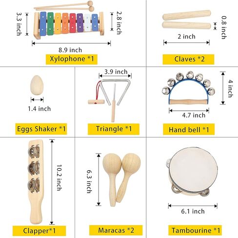 Musical Instrument Set for Toddler Baby Kid Wooden Percussion Instrument Musical Toys Xylophone Maracas Egg Shaker Tambourine Triangle Instrument for Boys Girls in Kuwait