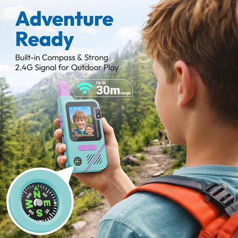 Contixo Kids Video Walkie Talkie - شاشة IPS 2.0 بوصة، بطارية قابلة للشحن 1000 مللي أمبير في الساعة، اتصال داخلي عبر الفيديو، مغير الصوت، إنذار SOS، مصباح يدوي، بوصلة، عبوتان للمتعة العائلية الداخلية والخارجية in Kuwait