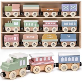 Wooden Train Set for Toddlers, 12PCS Montessori Magnetic Train Cars with Storage Gift Box, Compatible with Major Brands, Wooden Baby Stacking Blocks Toy, Birthday Gift for Boys Girls Ages 1-3 3-5+ in Saudi Arabia