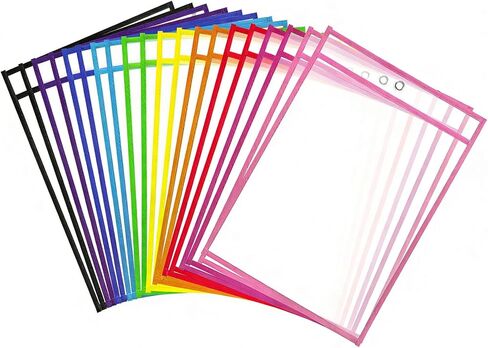 20 Pack 10 X 14 Inch Dry Erase Pockets - 10 Assorted Colors Reusable Heavy Duty Plastic Sleeves, Clear Ticket Holders,Page Protectors for Teacher Classroom, Office Organization in Kuwait