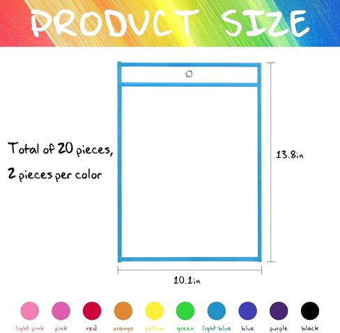 20 Pack 10 X 14 Inch Dry Erase Pockets - 10 Assorted Colors Reusable Heavy Duty Plastic Sleeves, Clear Ticket Holders,Page Protectors for Teacher Classroom, Office Organization in Kuwait