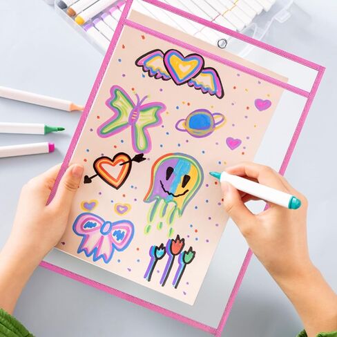 20 Pack 10 X 14 Inch Dry Erase Pockets - 10 Assorted Colors Reusable Heavy Duty Plastic Sleeves, Clear Ticket Holders,Page Protectors for Teacher Classroom, Office Organization in Kuwait