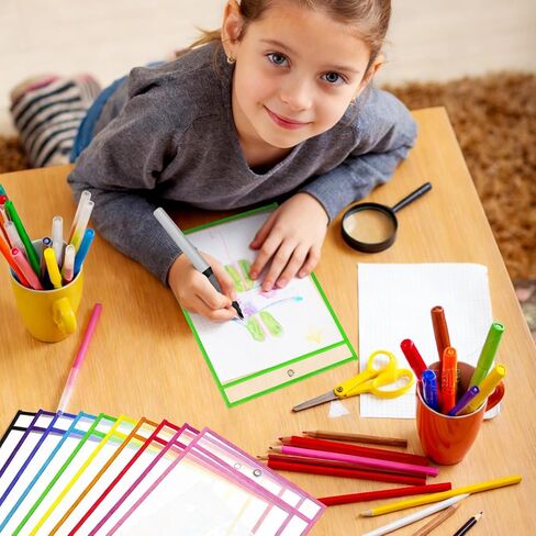 20 Pack 10 X 14 Inch Dry Erase Pockets - 10 Assorted Colors Reusable Heavy Duty Plastic Sleeves, Clear Ticket Holders,Page Protectors for Teacher Classroom, Office Organization in Kuwait