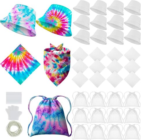 Silkfly 36 Pack White Cotton Tie Dye Blank Set Include 12 Pcs Bucket Hat,Drawstring Bag and Bandanas,DIY Craft Supplies for Tie Dye Party, Back to School, Large Groups in Kuwait