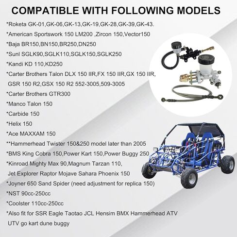 مجموعة أسطوانات الفرامل الرئيسية الهيدروليكية والخلفية ومجموعة خرطوم الفرامل متوافقة مع 90cc 110cc 125cc 150cc 200cc 250cc Go Kart Buggy Sunl BMS Kandi Roketa Kazuma Kinroad ATV كابل فرامل الأسطوانات الرئيسية in Kuwait