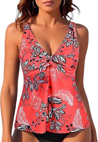 Hilor Women's Underwire Tankini Top Bathing Suit Front Twist V Neck Swimsuit Top Flowy Swimwear Top Only in Kuwait