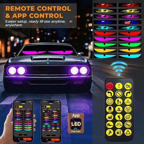2 Pack Devil Eyes Light for Windshield, 24 x 5in IP65 Waterproof Ojos Led para Carro, USB-Powered Programmable Matrix Panels with App/Remote Control, Flexible Display for Car, Truck Decoration in Kuwait
