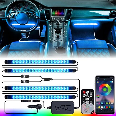 مصابيح سيارة داخلية مطورة من Xprite 144LED RGB مع تحكم ذكي في التطبيقات/جهاز تحكم عن بعد لاسلكي، وضع مزامنة الموسيقى، وضع DIY وخيارات المشهد المتعددة، عالمية للسيارات والشاحنات ATV UTV (4 قطع) in Kuwait