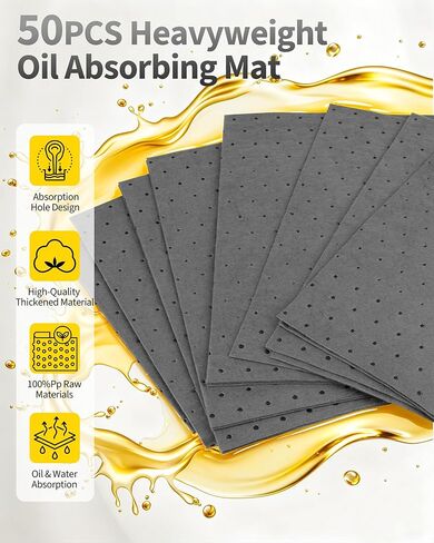 Oil Absorbent Pads, Heavyweight Oil&Water Absorbent Mat Pad, Dimpled Leak Proof Pad, Microfiber Polypropylene, Absorbs Oil Grease Coolant Water-Based Fluids, for Car Motorcycle Tools(Gray, 50Pcs) in Kuwait