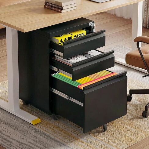 3 Drawer Under Desk Storage,Small File Cabinet with Lock,Filing Cabinet for Home Office,Mobile Metal Drawer Organizer for Letter/Legal/A4,Fully Assembled,White in Saudi Arabia