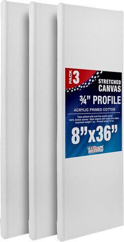 لوحة قماشية مشدودة مقاس 8 × 36 بوصة من US Art Supply، 12oz ثلاثية معدة، 3 عبوات - جودة فنية احترافية بيضاء فارغة 3/4 بوصة، 100% قطن، جيسو ثقيل الوزن - صب أكريليك، زيت in Kuwait