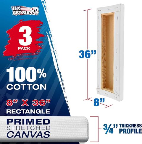 لوحة قماشية مشدودة مقاس 8 × 36 بوصة من US Art Supply، 12oz ثلاثية معدة، 3 عبوات - جودة فنية احترافية بيضاء فارغة 3/4 بوصة، 100% قطن، جيسو ثقيل الوزن - صب أكريليك، زيت in Kuwait