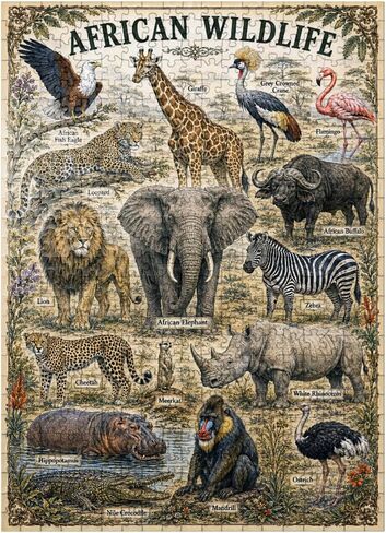 MyPuzzle African Wildlife Vintage Art Poster - Premium 500 Piece Jigsaw Puzzle for Adults in Kuwait