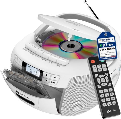 KLIM CD Player & Cassette Tape Player, Bluetooth Boombox, AM/FM Radio, Stereo Sound, Remote, CD and Cassette Combo, Tape Recording, USB Drive, AUX, AC/DC Powered - Black/Gold in Kuwait