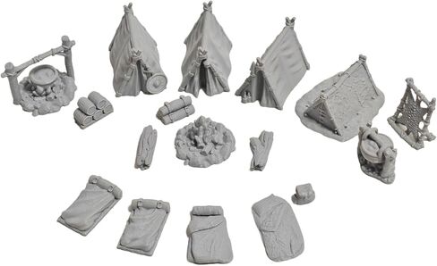 Camping Scene Diorama Kit, 3D Printed Miniature Tent, Campfire, Stone Pot & Bedroll for Hobbyists, Gray Collectible Model (Grey) in Kuwait