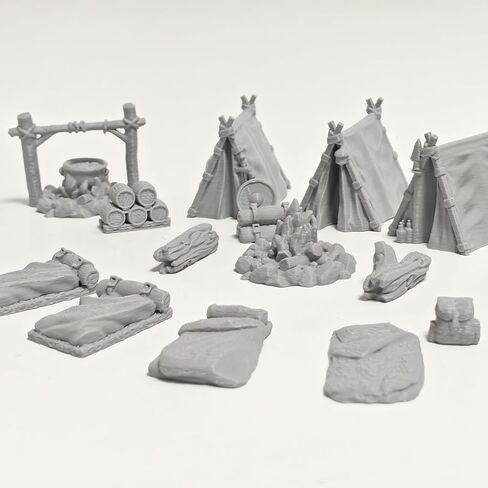 Camping Scene Diorama Kit, 3D Printed Miniature Tent, Campfire, Stone Pot & Bedroll for Hobbyists, Gray Collectible Model (Grey) in Kuwait