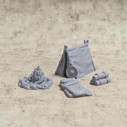 Camping Scene Diorama Kit, 3D Printed Miniature Tent, Campfire, Stone Pot & Bedroll for Hobbyists, Gray Collectible Model (Grey) in Kuwait