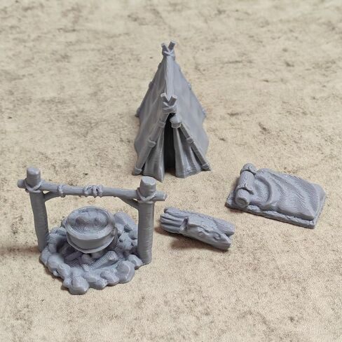 Camping Scene Diorama Kit, 3D Printed Miniature Tent, Campfire, Stone Pot & Bedroll for Hobbyists, Gray Collectible Model (Grey) in Kuwait