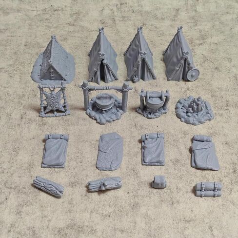 Camping Scene Diorama Kit, 3D Printed Miniature Tent, Campfire, Stone Pot & Bedroll for Hobbyists, Gray Collectible Model (Grey) in Kuwait
