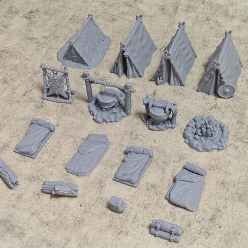 Camping Scene Diorama Kit, 3D Printed Miniature Tent, Campfire, Stone Pot & Bedroll for Hobbyists, Gray Collectible Model (Grey) in Kuwait