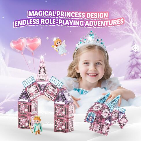 Magnetic Tiles Princess Toys, Princess Castle Travel Magnetic Blocks with Metal Box & 2 Dolls, Mini Magnet Tiles for Girls Pretend Play, Magnet STEM Sensory Gifts for Toddlers 3-5 4-8 8-12 Years Old in Kuwait
