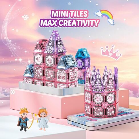 Magnetic Tiles Princess Toys, Princess Castle Travel Magnetic Blocks with Metal Box & 2 Dolls, Mini Magnet Tiles for Girls Pretend Play, Magnet STEM Sensory Gifts for Toddlers 3-5 4-8 8-12 Years Old in Kuwait