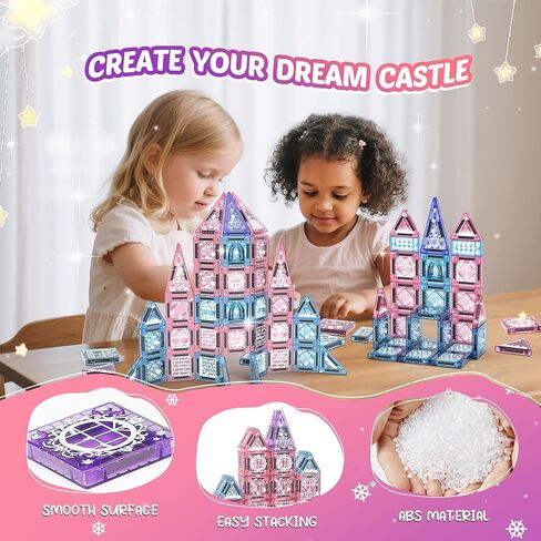 Magnetic Tiles Princess Toys, Princess Castle Travel Magnetic Blocks with Metal Box & 2 Dolls, Mini Magnet Tiles for Girls Pretend Play, Magnet STEM Sensory Gifts for Toddlers 3-5 4-8 8-12 Years Old in Kuwait