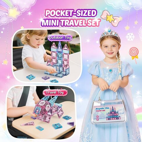Magnetic Tiles Princess Toys, Princess Castle Travel Magnetic Blocks with Metal Box & 2 Dolls, Mini Magnet Tiles for Girls Pretend Play, Magnet STEM Sensory Gifts for Toddlers 3-5 4-8 8-12 Years Old in Kuwait
