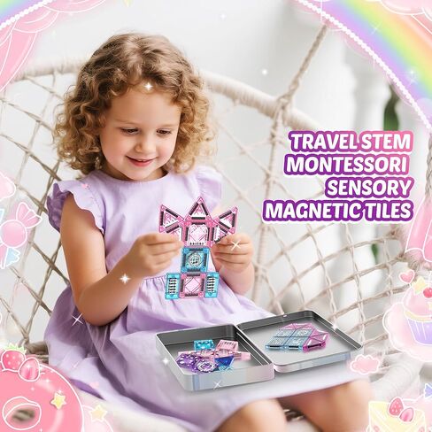 Magnetic Tiles Princess Toys, Princess Castle Travel Magnetic Blocks with Metal Box & 2 Dolls, Mini Magnet Tiles for Girls Pretend Play, Magnet STEM Sensory Gifts for Toddlers 3-5 4-8 8-12 Years Old in Kuwait