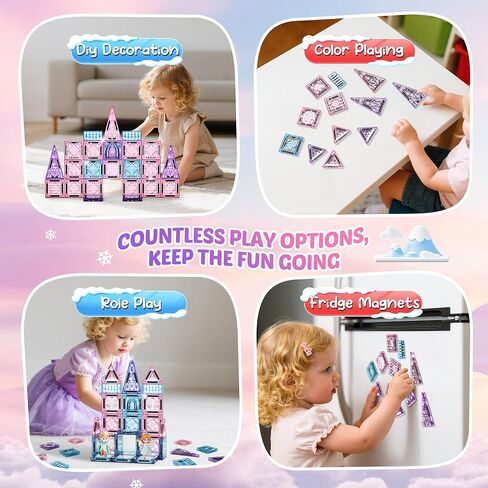 Magnetic Tiles Princess Toys, Princess Castle Travel Magnetic Blocks with Metal Box & 2 Dolls, Mini Magnet Tiles for Girls Pretend Play, Magnet STEM Sensory Gifts for Toddlers 3-5 4-8 8-12 Years Old in Kuwait