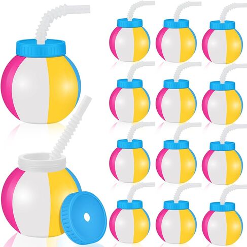 Nuanchu 20 Pcs 14 oz Summer Beach Ball Cups with Straws and Lids Plastic Sipper Reusable Party Cups Bulk Beach Summer Theme Party Favor for Kids Birthday Sports Theme Supplies in Kuwait