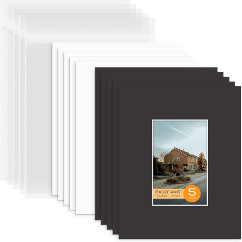 Mat Board Center, Pack of 5 Bevel Cut 8x10 White Mat for 4x6 Photo with White Core Matte Set, Includes 5 Acid Free Mats, 5 Backing Board and 5 Clear Bags in Saudi Arabia