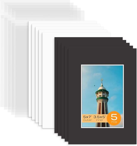 Mat Board Center, Pack of 5 Bevel Cut 8x10 White Mat for 4x6 Photo with White Core Matte Set, Includes 5 Acid Free Mats, 5 Backing Board and 5 Clear Bags in Saudi Arabia