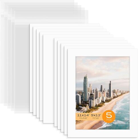 Mat Board Center, Pack of 5 Bevel Cut 8x10 White Mat for 4x6 Photo with White Core Matte Set, Includes 5 Acid Free Mats, 5 Backing Board and 5 Clear Bags in Saudi Arabia