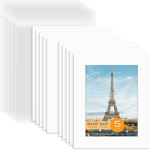 Mat Board Center, Pack of 5 Bevel Cut 8x10 White Mat for 4x6 Photo with White Core Matte Set, Includes 5 Acid Free Mats, 5 Backing Board and 5 Clear Bags in Saudi Arabia