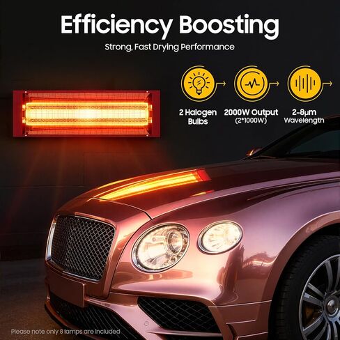 Infrared Paint Curing Lamp, 8Pcs 2000W Spray Baking Paint Booth Heater with Halogen Bulbs, 110V Infrared Heat Lamp for Automotive, Furniture, Craft Paint Repair, No Plug in Kuwait