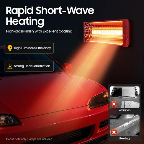 Infrared Paint Curing Lamp, 8Pcs 2000W Spray Baking Paint Booth Heater with Halogen Bulbs, 110V Infrared Heat Lamp for Automotive, Furniture, Craft Paint Repair, No Plug in Kuwait