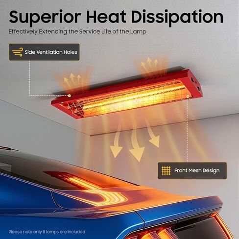 Infrared Paint Curing Lamp, 8Pcs 2000W Spray Baking Paint Booth Heater with Halogen Bulbs, 110V Infrared Heat Lamp for Automotive, Furniture, Craft Paint Repair, No Plug in Kuwait