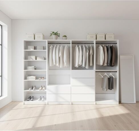 Prosper White Freestanding Walk in Wood Closet System Modular Versatility Home Organization Elegant Finish in Kuwait