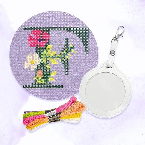 مجموعات إبرة سلسلة المفاتيح المستديرة Howie's Needlepoint، مجموعات بداية نمط مطبوعة 18CT، مجموعات قماش أنماط الحروف المختومة (حرف F، 3.3 بوصة دائرية) in Kuwait