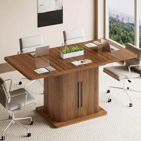 Extendable Black Round Conference Table for 4-8 People, 43in-59in Modern Oval Meeting Room Table with Storage, Fluted Wood Slide Doors, Small Compact, Office, Training, Conference Room in Kuwait