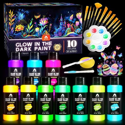 VigorFun 26 Pcs Glow in the Dark Acrylic Paint Set with 12 Brushes, 2 Knives & Palette, 10 Colors (2oz/60ml) - for Adults, Artists & Beginners - Arts and Crafts Painting Kit in Kuwait