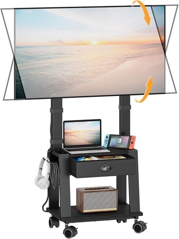 Mobile TV Stand with Drawer for 23-72 Inch TVs, Portable Rolling TV Stand on Wheels with 2 Shelves for Bedroom/Living Room, Holds up to 220 lbs Adjustable Height Tilt Max VESA 600x400mm in Kuwait
