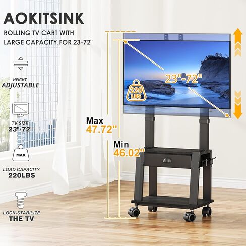 Mobile TV Stand with Drawer for 23-72 Inch TVs, Portable Rolling TV Stand on Wheels with 2 Shelves for Bedroom/Living Room, Holds up to 220 lbs Adjustable Height Tilt Max VESA 600x400mm in Kuwait