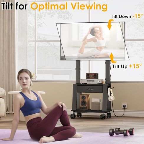 Mobile TV Stand with Drawer for 23-72 Inch TVs, Portable Rolling TV Stand on Wheels with 2 Shelves for Bedroom/Living Room, Holds up to 220 lbs Adjustable Height Tilt Max VESA 600x400mm in Kuwait