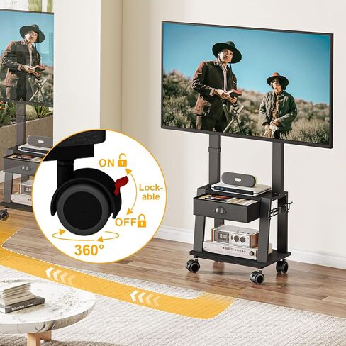 Mobile TV Stand with Drawer for 23-72 Inch TVs, Portable Rolling TV Stand on Wheels with 2 Shelves for Bedroom/Living Room, Holds up to 220 lbs Adjustable Height Tilt Max VESA 600x400mm in Kuwait