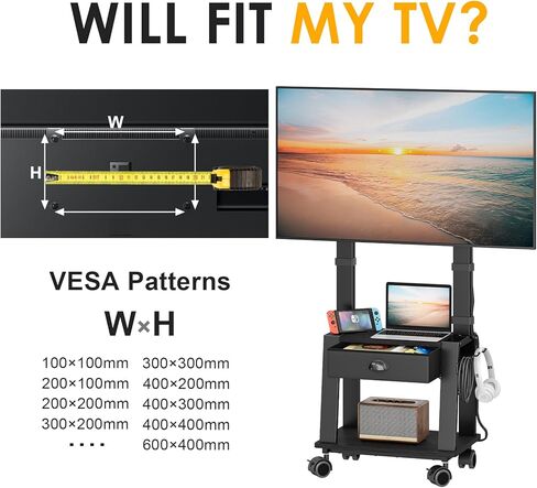 Mobile TV Stand with Drawer for 23-72 Inch TVs, Portable Rolling TV Stand on Wheels with 2 Shelves for Bedroom/Living Room, Holds up to 220 lbs Adjustable Height Tilt Max VESA 600x400mm in Kuwait