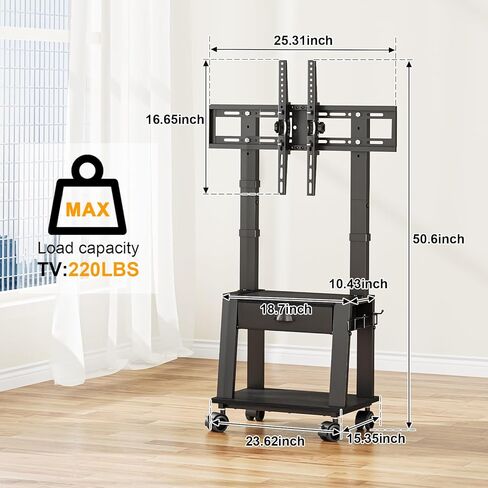 Mobile TV Stand with Drawer for 23-72 Inch TVs, Portable Rolling TV Stand on Wheels with 2 Shelves for Bedroom/Living Room, Holds up to 220 lbs Adjustable Height Tilt Max VESA 600x400mm in Kuwait