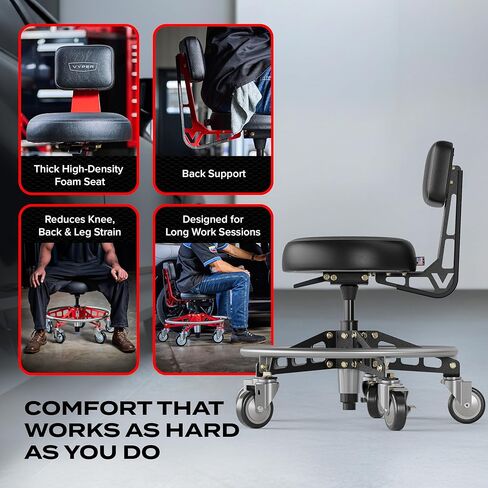 كرسي متجر Vyper Robust Steel Max EZ-Lift مع مسند ظهر، مقعد متحرك للجراج عالي التحمل، سعة 400 رطل وعجلات صناعية، مقعد ميكانيكي مريح قابل للتعديل - 17 بوصة - 22.5 بوصة، أرجل سوداء in Kuwait